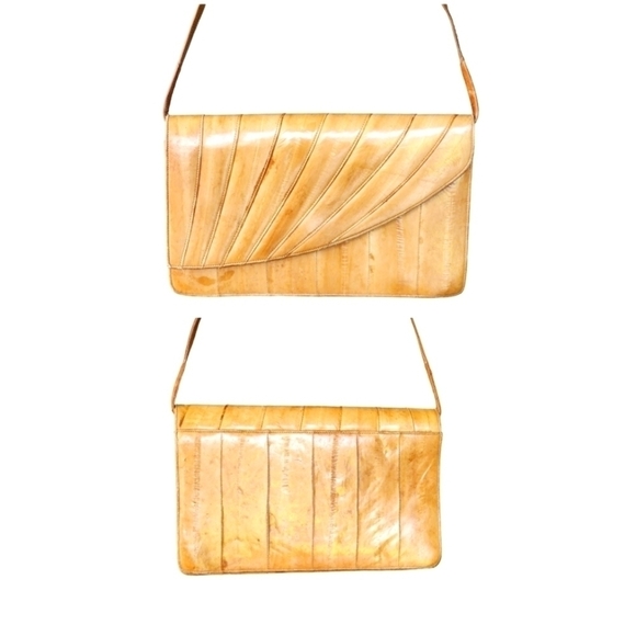 Vintage tan Eel skin leather purse handbag with long removable shoulder strap - Picture 5 of 14
